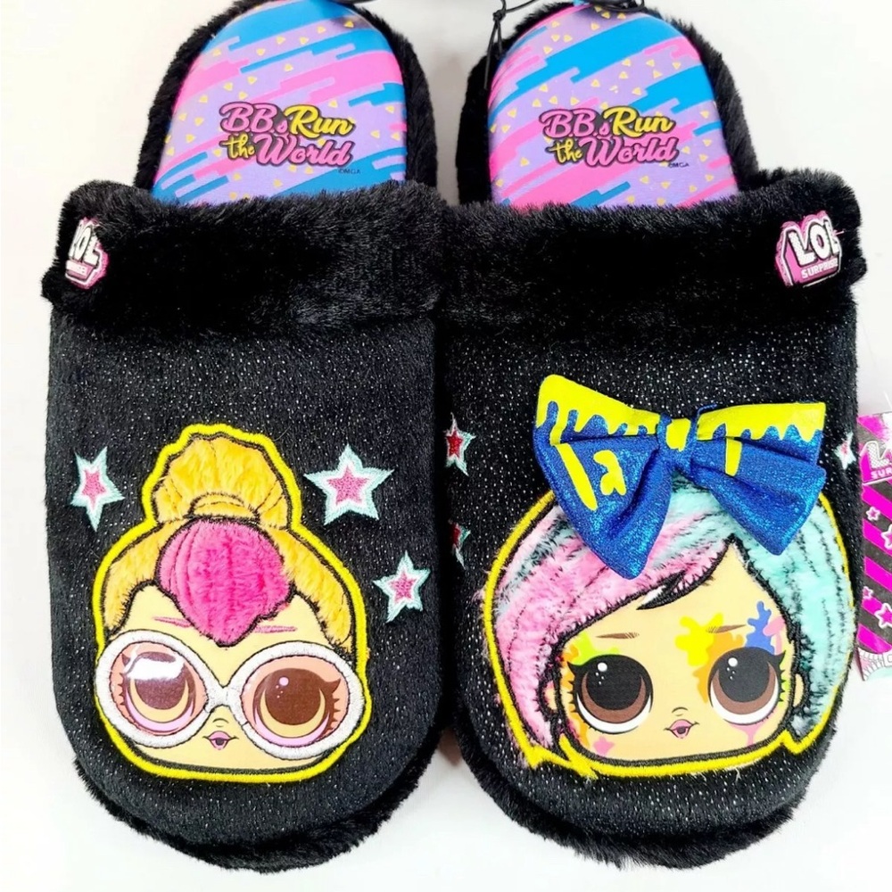 LOL Surprise Glitter On Girls Novelty Slippers Kids Black Faux Fur 13-1